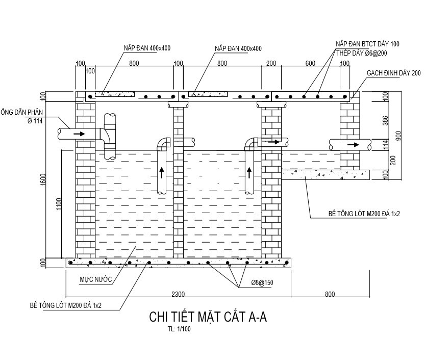 Chi tiết mặt cắt A-A của bể phốt.